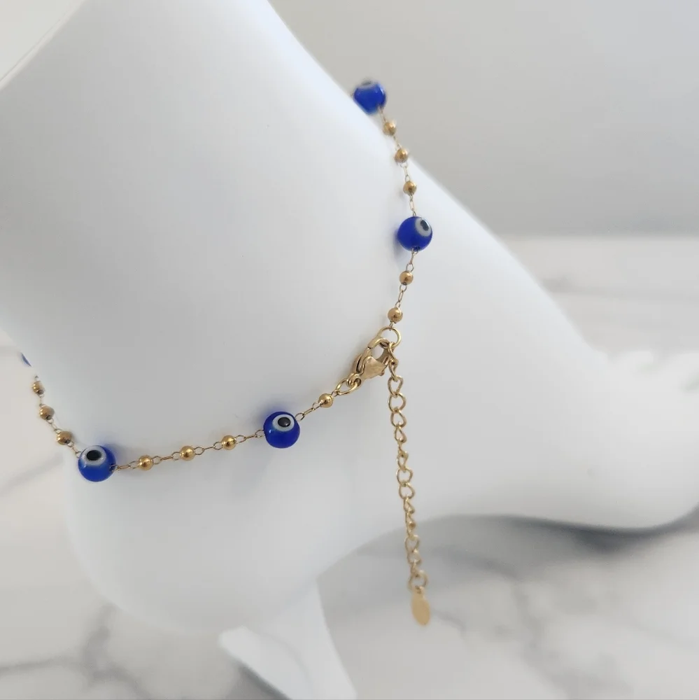 Modern Style Beaded Blue Evil Eye 18K Gold Plated Bracelet - Picture 8 of 11